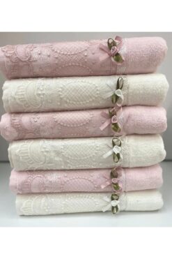 akınabella ÇEYİZLİK GÜPÜRLÜ KURDELELİ PAMUK 6 ADET BEYAP PEMBE HAVLU