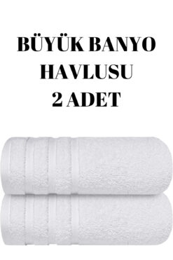KAYABEY HOME Beyaz 2'li Set Büyük Boy Banyo Havlusu Duş Vücut Havlusu Yumuşak %100 Pamuk Çizgi Desenli