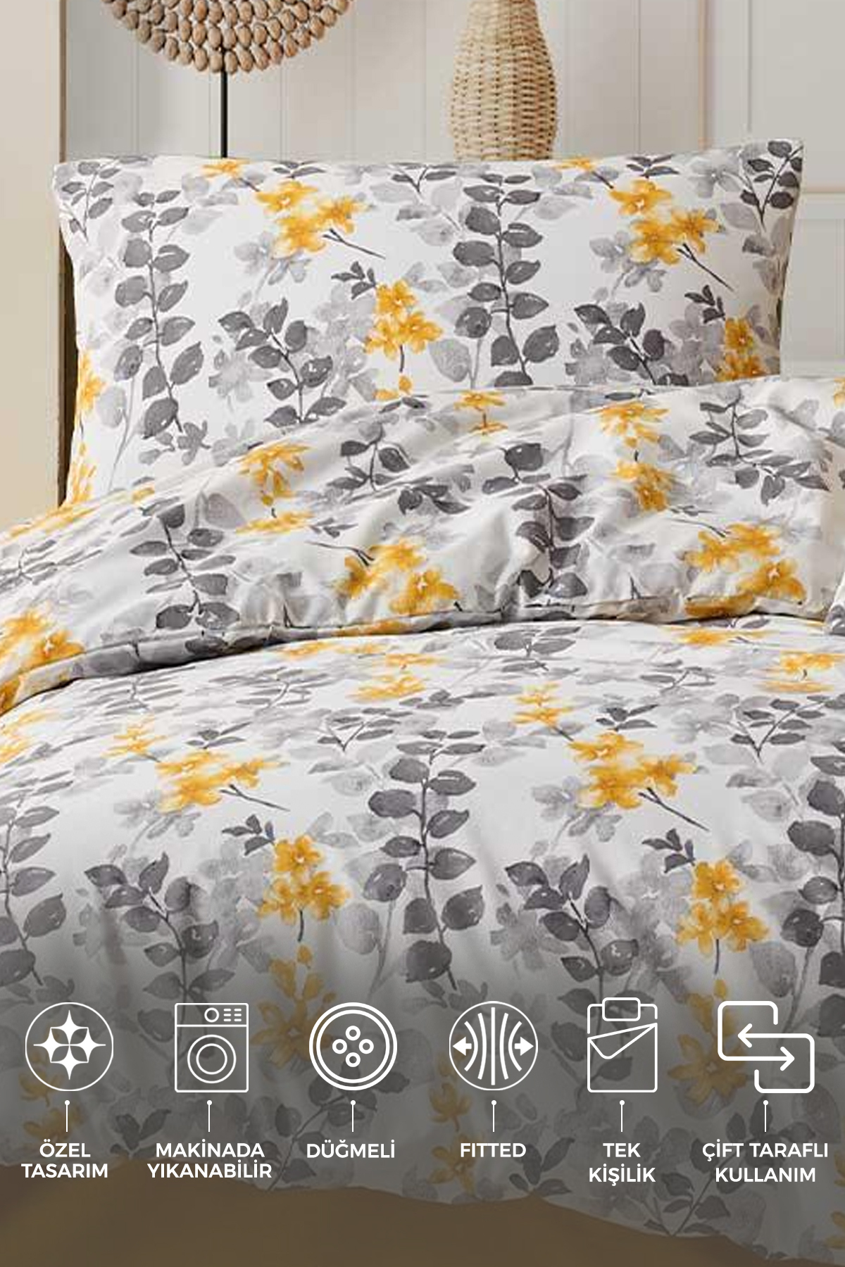 Elart Flores Nevresim Takımı Tek Kişilik Ranforce 3 Parça (160x220 cm) Sarı - Görsel 2