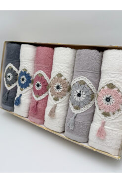 AYHANHOME 6'lı 3d El Işleme Çiçek Nakışlı Püsküllü Kutulu Çeyizlik 50x90 El Yüz Havlu Seti