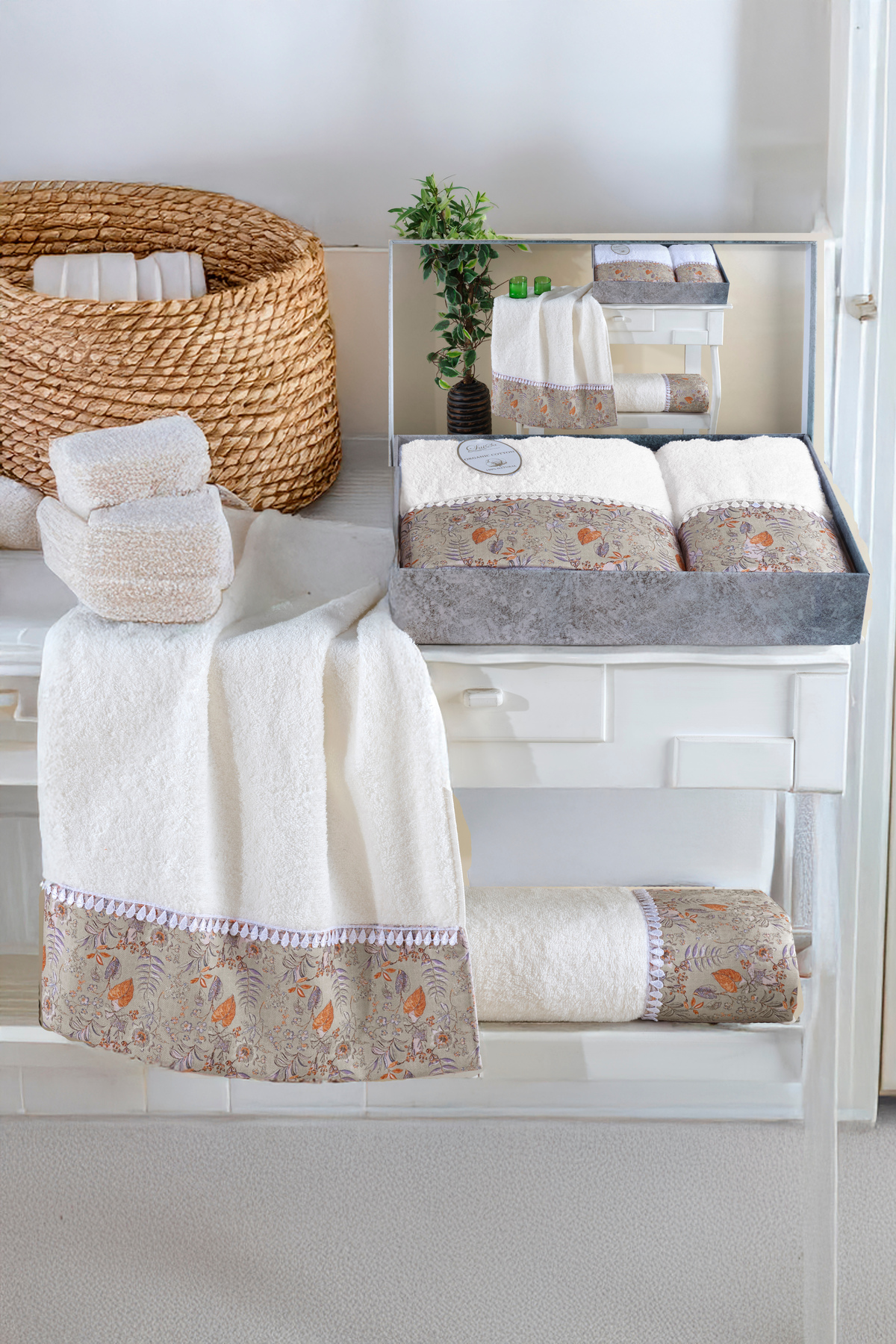 My Catherine Kutulu Desenli %100 Pamuk Premium Havlu Seti (50x90cm & 70x140cm) - Yüksek Gramajlı Lüks Banyo Havlu