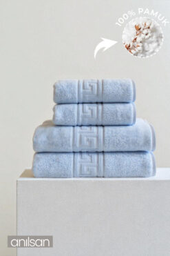 Anılsan 4'lü Mavi Greek Havlu Set %100Pamuk - 2 Adet El Havlusu 50x90 ve 2 Adet Banyo Havlusu 70x140