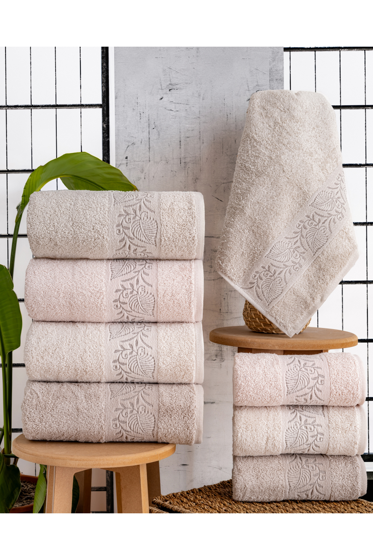 Hazangülü Buldan Üretimi Çeyizlik Lüks Jakarlı Flora 4'lü El/yüz Havlusu I 50x90