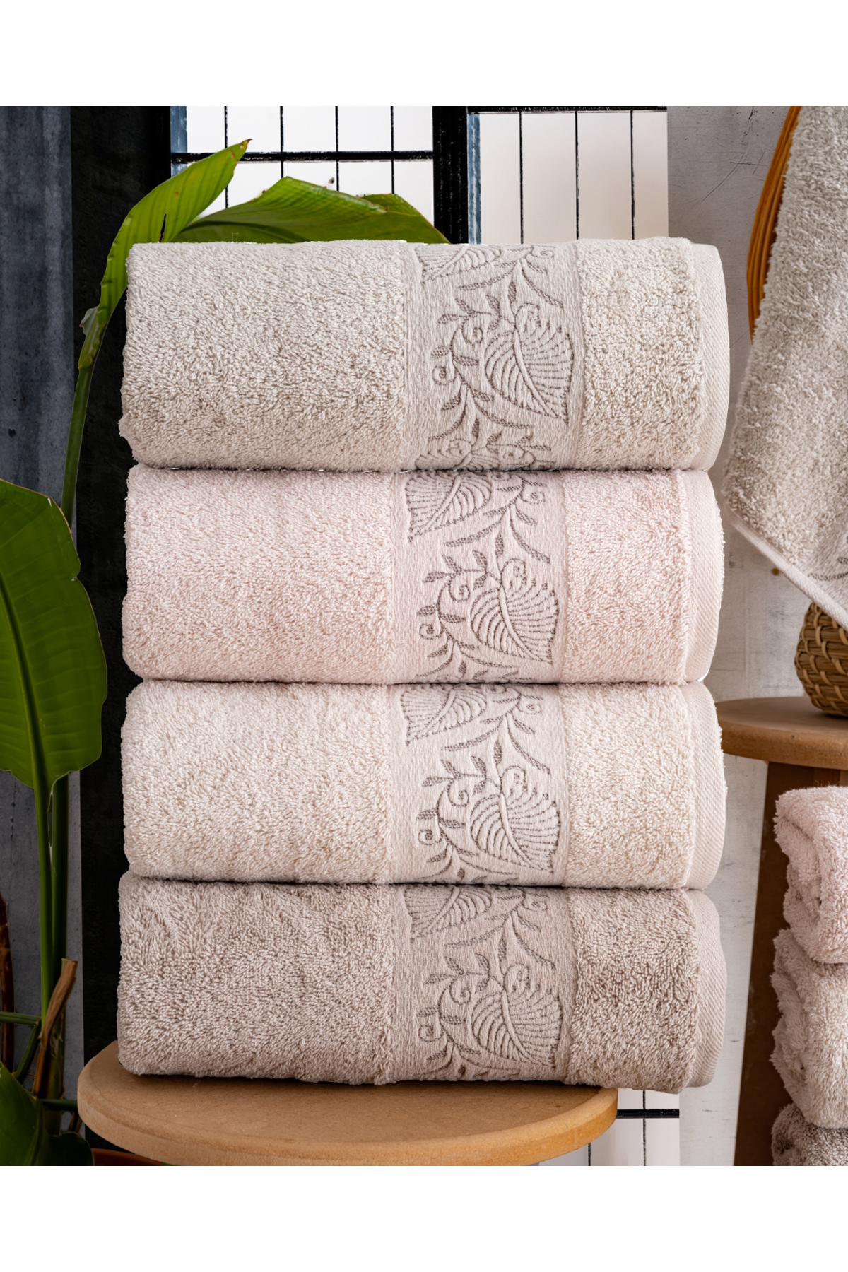 Hazangülü Buldan Üretimi Çeyizlik Lüks Jakarlı Flora 4'lü El/yüz Havlusu I 50x90 - Görsel 2