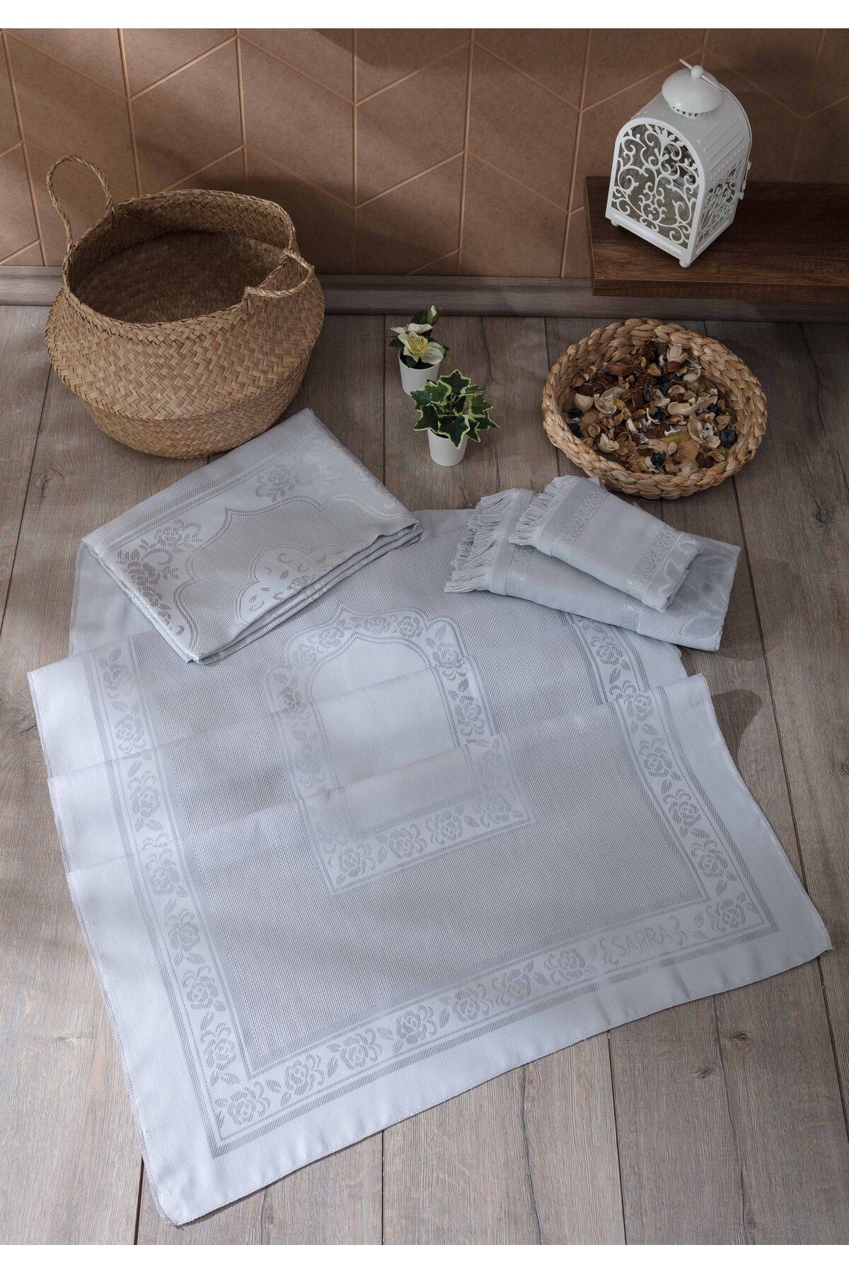 sarra 4'lü Saçaklı Etamin Bohça Seti - Gri