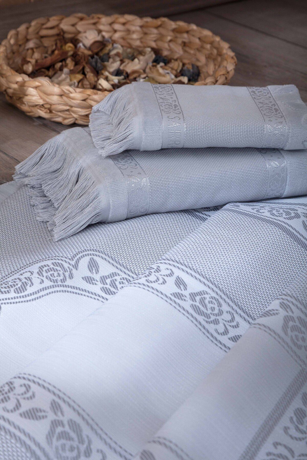 sarra 4'lü Saçaklı Etamin Bohça Seti - Gri - Görsel 3