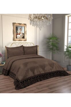Lady London Paris Nakışlı Şönil 3 Parça Çift Kişilik Yatak Örtüsü- Koyu Kahve Rengi