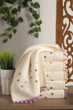 hasgül towel Ponponlu Nakışlı Havlu Seti %100 Pamuk, 30x50 Cm, 6'lı