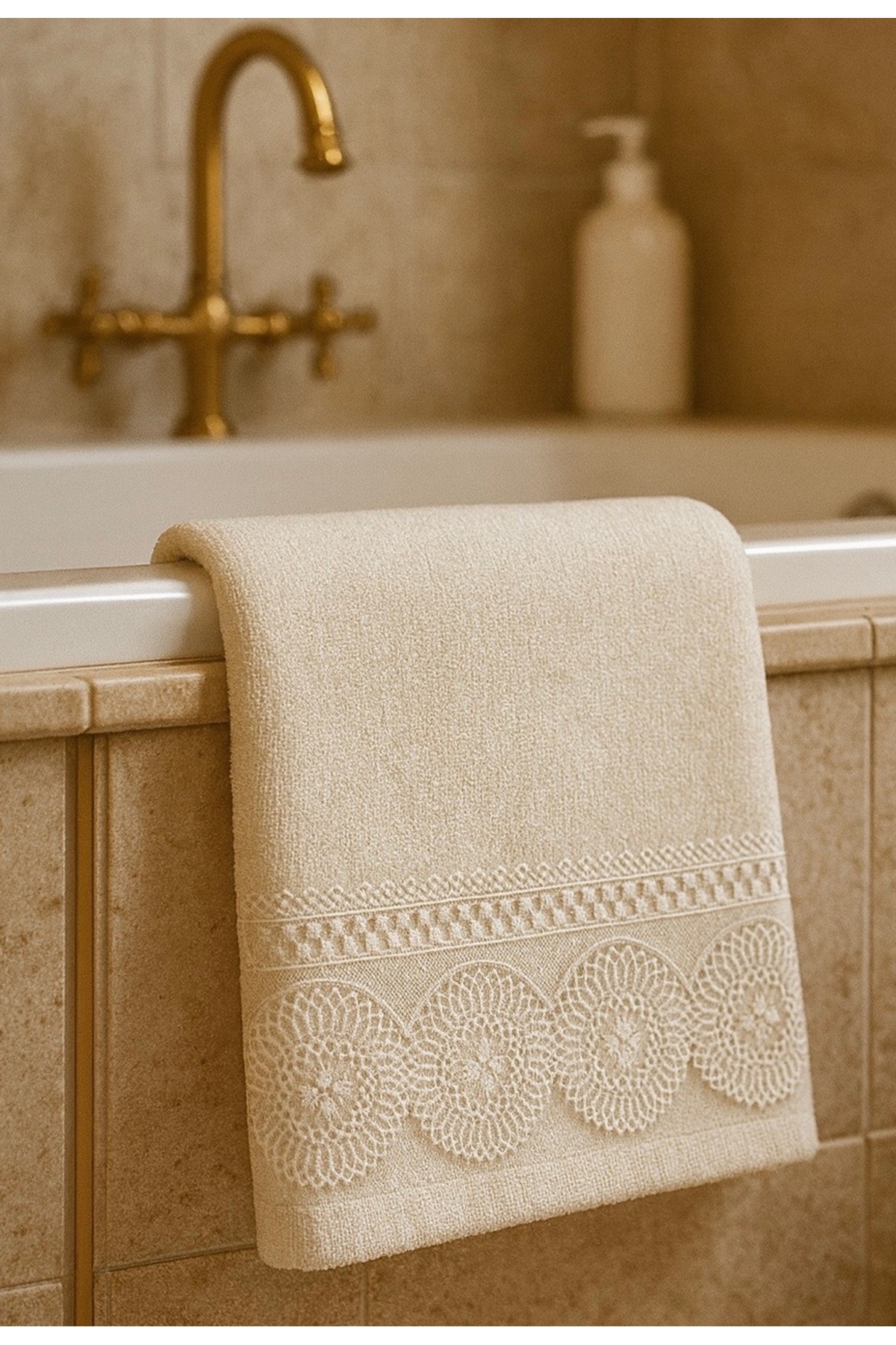 Çeyiz Bahçesi Ahu Kadife El Havlusu 50&90 Krem - Görsel 3