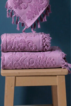 Bersay Tekstil %100 Pamuk 2'li Bağlamalı Lüks, Jakarlı, Çeyizlik Banyo Havlu Seti ( 1 Adet 50x90, 1 Adet 100x150 )