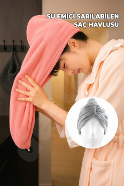 Destpak Düğmeli Sarılabilen Saç Havlusu - Su Emici Her Saç Boyuna Uygun - En Uzun Saçlara Uygun - Lastikli