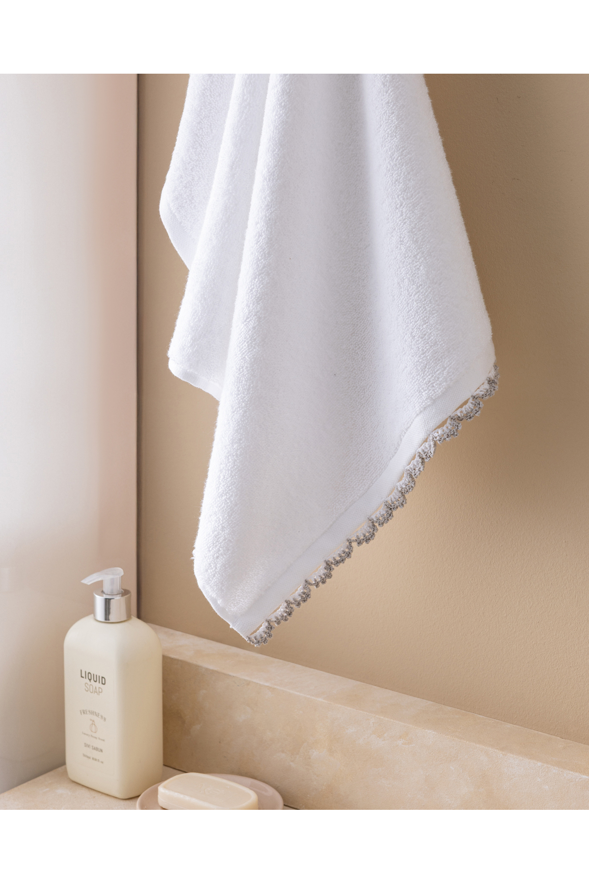 Madame Coco Bastienne Kroşeli %100 Pamuk Yüz Havlusu - Beyaz/Gri - Görsel 3