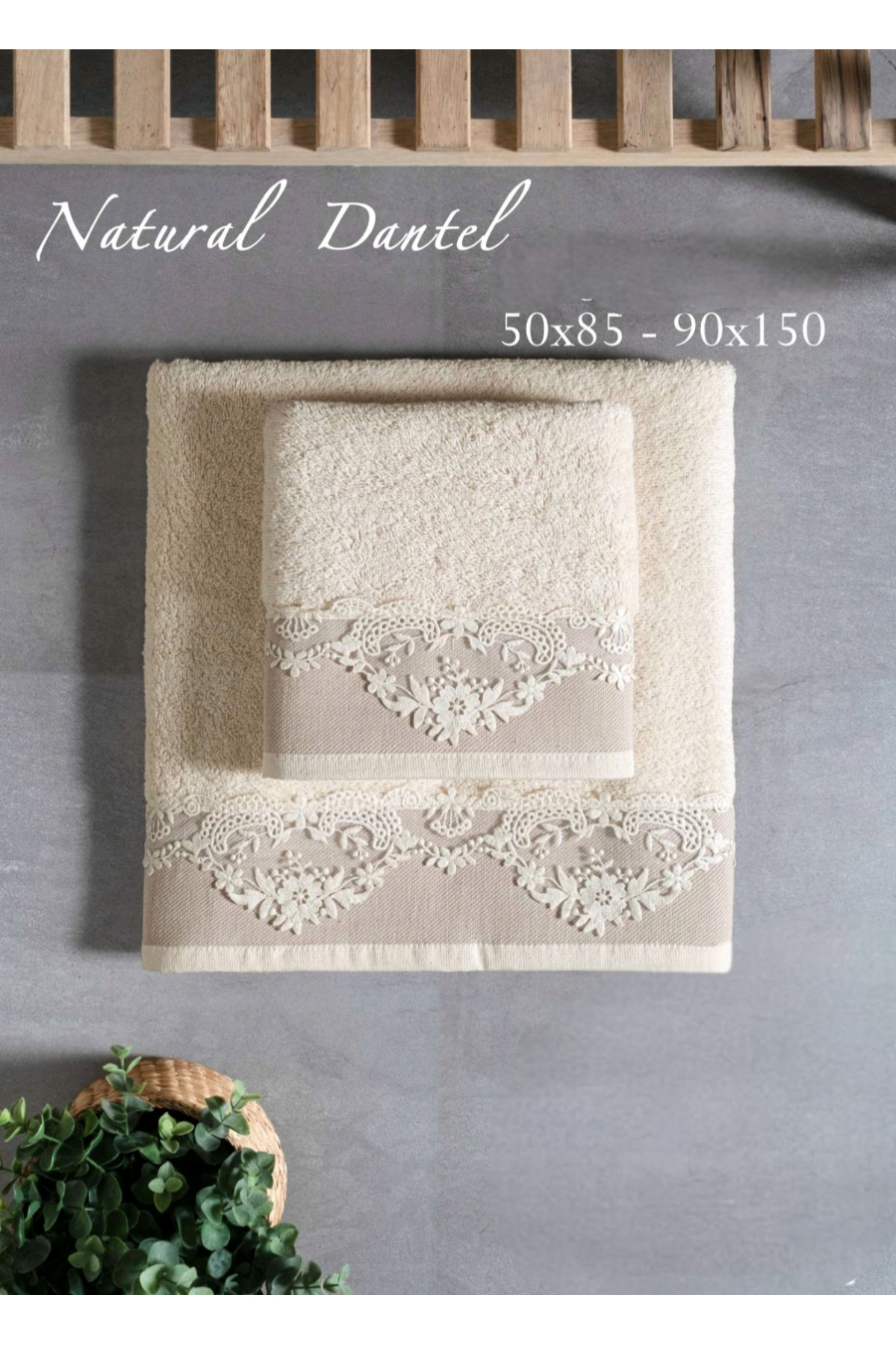 Arliva Home Naturel Bukle Nakışlı Dantelli Kutulu 2 li Banyo Seti 50x85 cm Yüz Havlusu 90x150 cm Boy Havlusu