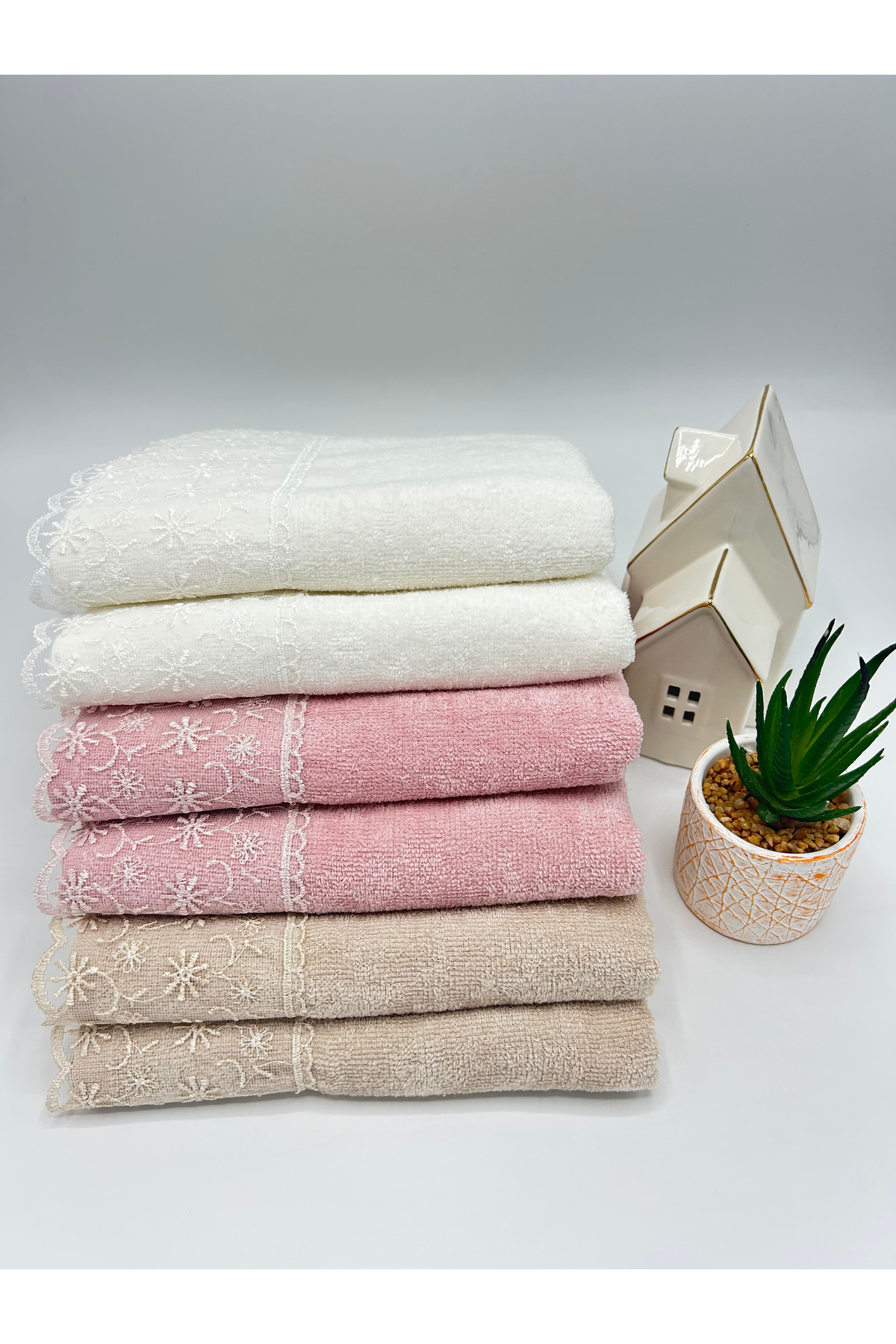 LenaToptan Vizon 6'lı Güpürlü Dantelli 50x90 cm Yüz Havlu Seti ( Bohçalık - Çeyizlik - Hediyelik )