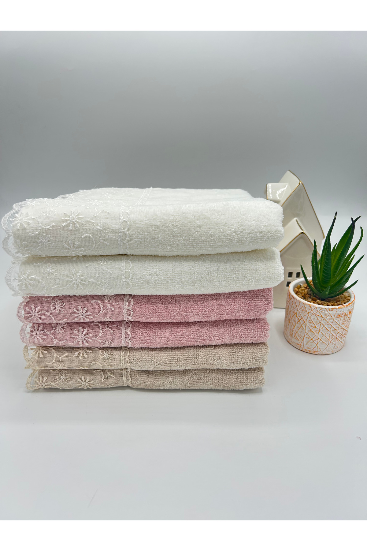 LenaToptan Vizon 6'lı Güpürlü Dantelli 50x90 cm Yüz Havlu Seti ( Bohçalık - Çeyizlik - Hediyelik ) - Görsel 2