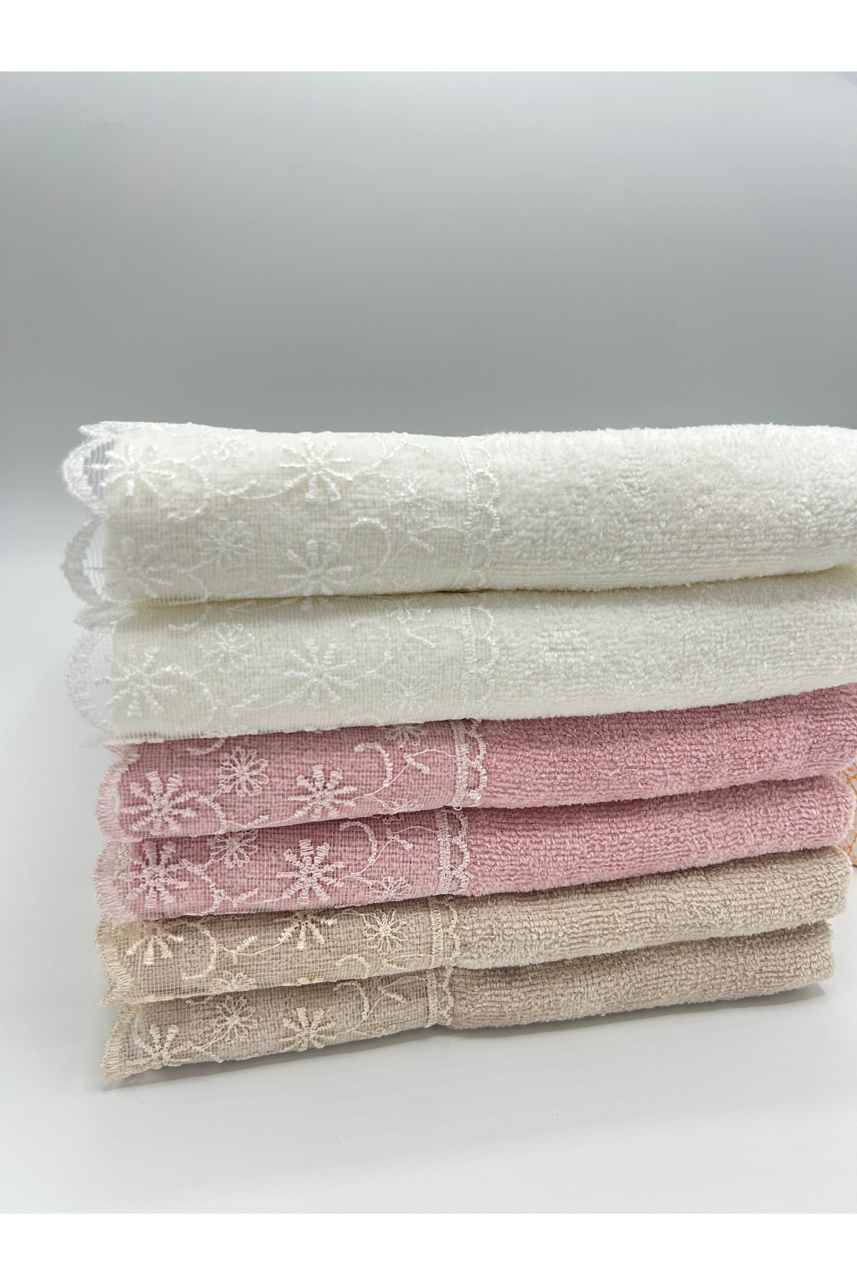 LenaToptan Vizon 6'lı Güpürlü Dantelli 50x90 cm Yüz Havlu Seti ( Bohçalık - Çeyizlik - Hediyelik ) - Görsel 3