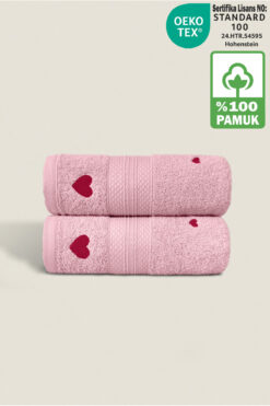 Ellaline Luv 2'li Havlu Seti %100 Pamuk Sertifikalı, Kalpli Nakışlı El Yüz Mutfak Havlusu 50x80cm Model6