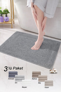 Vionel Home Pamuklu Ayak Havlusu | 3’lü Paket | Havlu Paspas Seti | Banyo Paspası | Otel Serisi | 50x70 cm