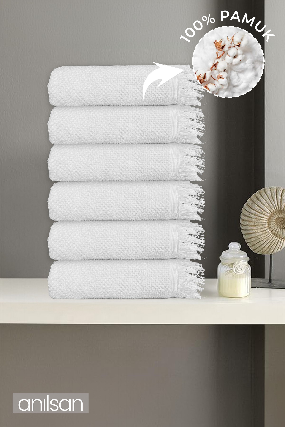 Anılsan 6'lı Beyaz Jelena El Havlusu - 50x90 Cm, 225 Gr, %100 Pamuk, Spa Ve Otel Havlusu