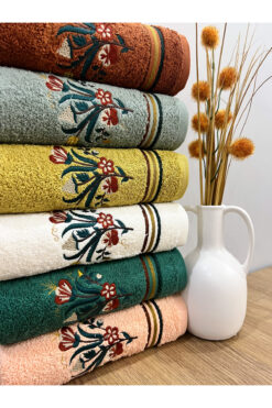 AYHANHOME 6'lı Jakarlı Nakış Işleme Çeyizlik Hediyelik Renkli Çantalı 50x90 El Yüz Havlu Seti