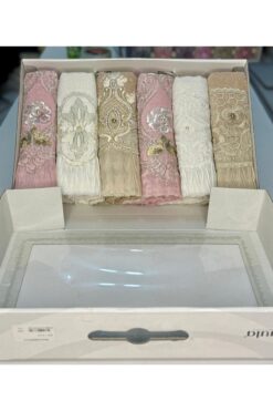 in disco KUTULU ÇEYİZLİK EL YÜZ HAVLUSU Saten Işleme Desenli Güpürlü Kutulu Lüks Çeyizlik 50x90 6'lı