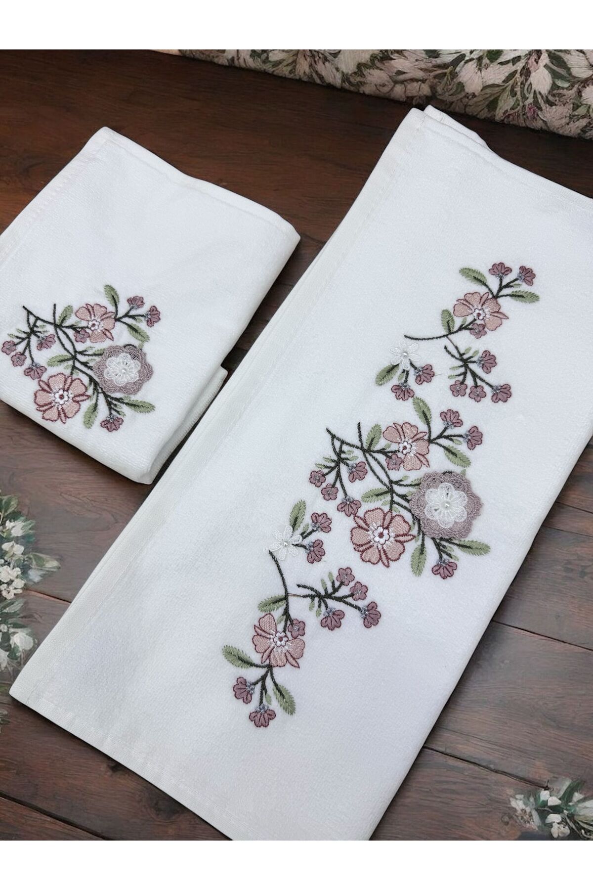 TUTUYA TEXTIL 3 D Nakışlı KREM Renk Analı Kızlı Çeyizlik Hediyelik Havlu Havlu Seti Ünsal Marka