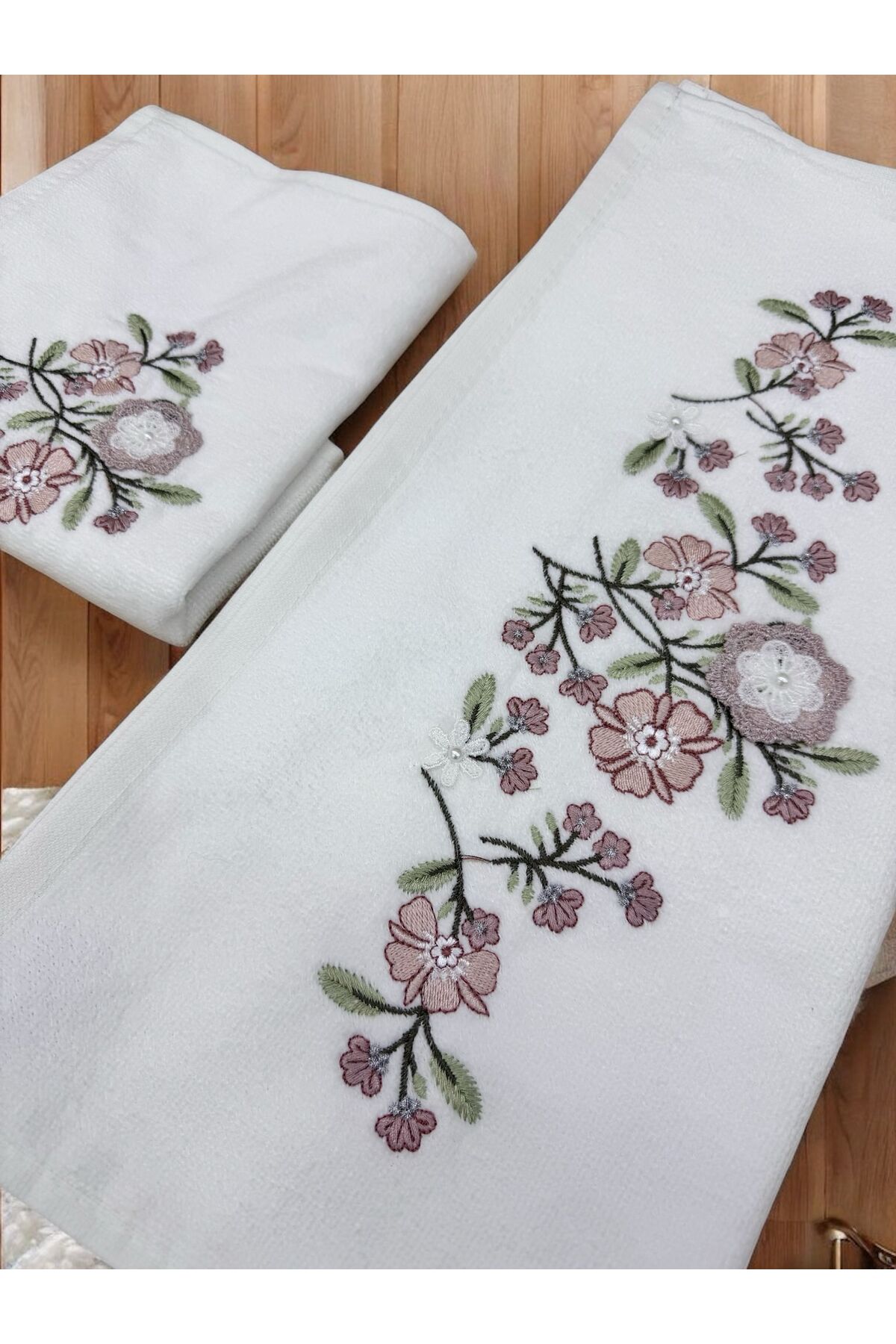 TUTUYA TEXTIL 3 D Nakışlı KREM Renk Analı Kızlı Çeyizlik Hediyelik Havlu Havlu Seti Ünsal Marka - Görsel 3