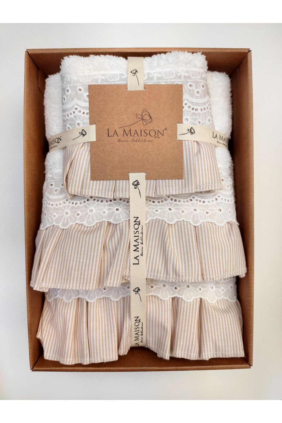 Fakılı Deco Home Pamuk Fırfırlı Dantelli Kutulu 3Lü, 30x50 - 50x90 - 70x140 Cm Ebatlı, El, Yüz Ve Banyo Havlusu Seti - Görsel 2