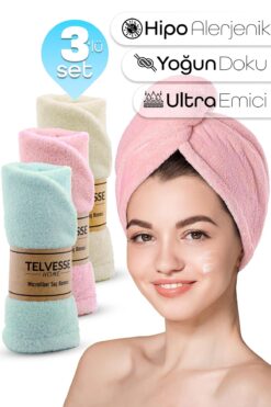 Telvesse 3lü Set Mikrofiber Saç Havlusu Plaj Deniz Havuz Bonesi Banyo Saç Kurutma Baş Havlusu KRM-PMB-TRKUAZ