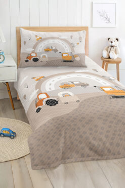 Realhomes Turuncu ve Bej İş Makinesi Desenli Erkek Çocuk Odası Tek Kişilik Pike Takımı