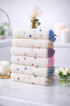 LilaMOON 6'lı Krem Renkli Ponponlu Kalp Nakışlı Pamuklu El Yüz Havlusu (50X90CM)