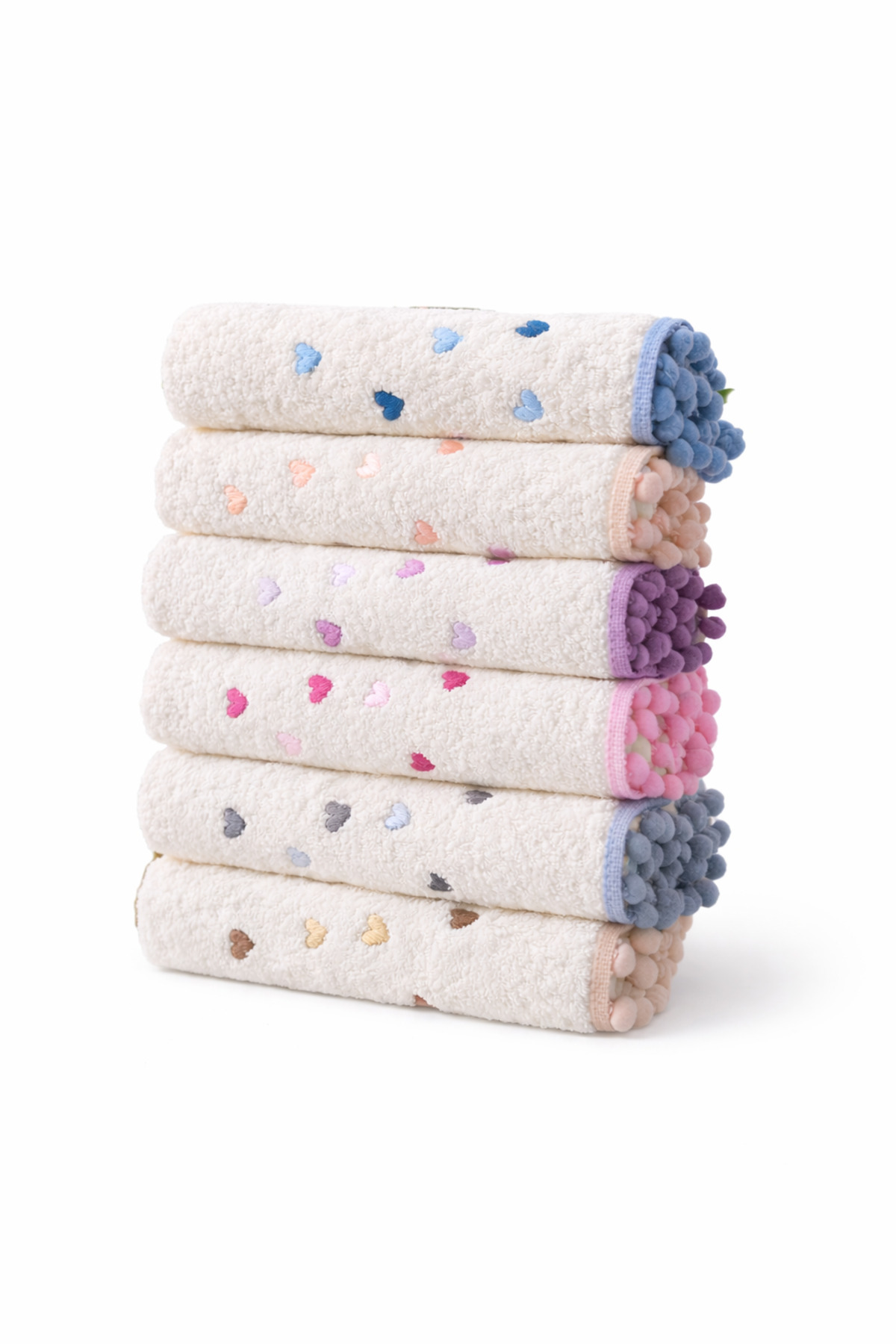 LilaMOON 6'lı Krem Renkli Ponponlu Kalp Nakışlı Pamuklu El Yüz Havlusu (50X90CM) - Görsel 2