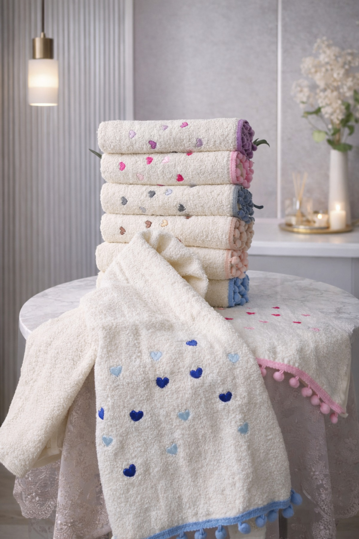 LilaMOON 6'lı Krem Renkli Ponponlu Kalp Nakışlı Pamuklu El Yüz Havlusu (50X90CM) - Görsel 3