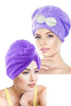 CHIZGY İkili Set Saç Havlusu Bonesi Lastikli Fiyonklu & Mikrofiber 2 Düğmeli Saç Havlusu
