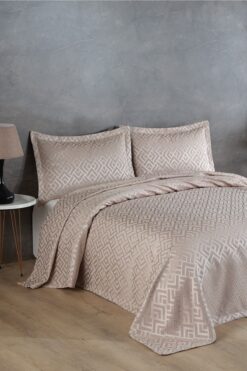 BİRHOME Estila Jakarlı Şönil Çift Kişilik Yatak Örtüsü (bej)