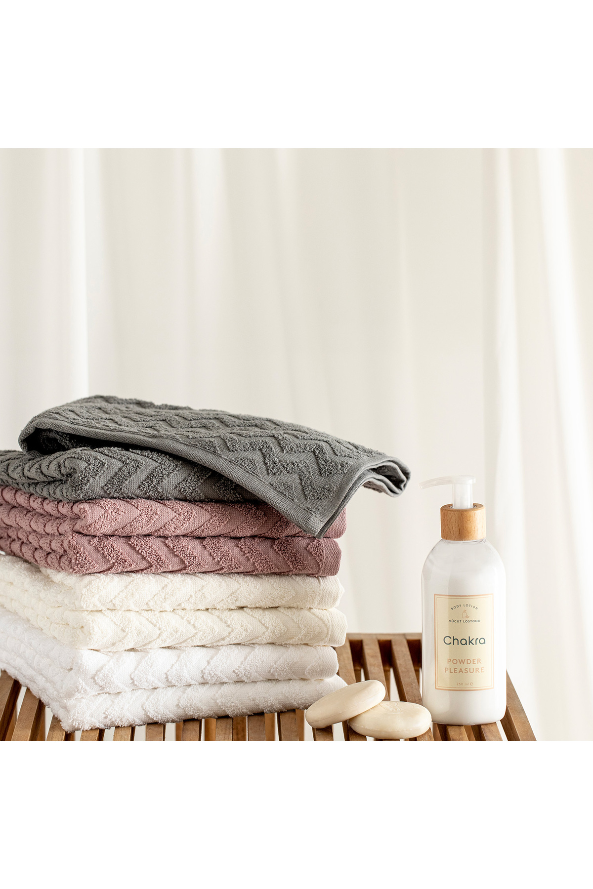 Chakra Zıgzag %100 Pamuk 3'lu Yüz Havlusu Seti 50x80 cm Mürdüm/Bej/Ekru - Görsel 2