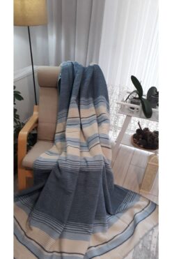 Genel Markalar 4 Mevsim Pamuklu Battaniye Çift Kişilik 180*220cm Balkon Tv Battaniyesi Mavi Çizgili