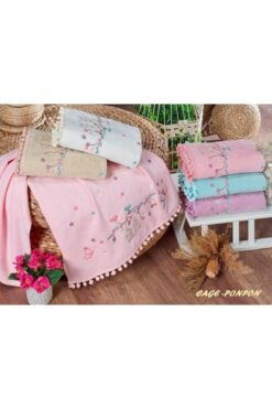 AYHANHOME Ponponlu Kafes Nakışlı Kadife 6 Adet 50x90 Kadife El Ve Yüz Havlu Seti