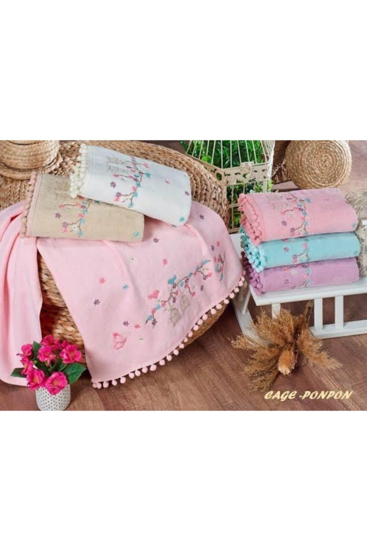 AYHANHOME Ponponlu Kafes Nakışlı Kadife 6 Adet 50x90 Kadife El Ve Yüz Havlu Seti