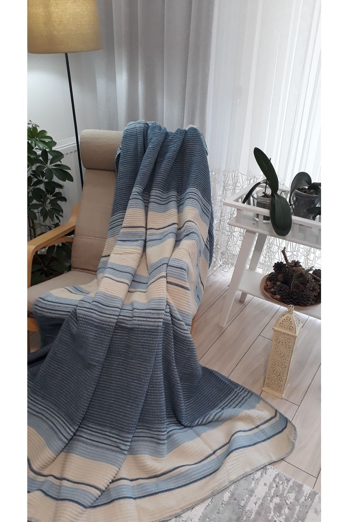 Genel Markalar 4 Mevsim Pamuklu Battaniye Çift Kişilik 180*220cm Balkon Tv Battaniyesi Mavi Çizgili - Görsel 2