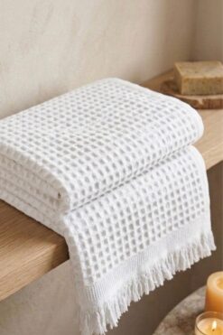 Nilteks %100 Pamuk Waffle Desenli Vücut Havlusu - Natural - 70x140 cm Banyo ve Plaj Havlusu Beyaz
