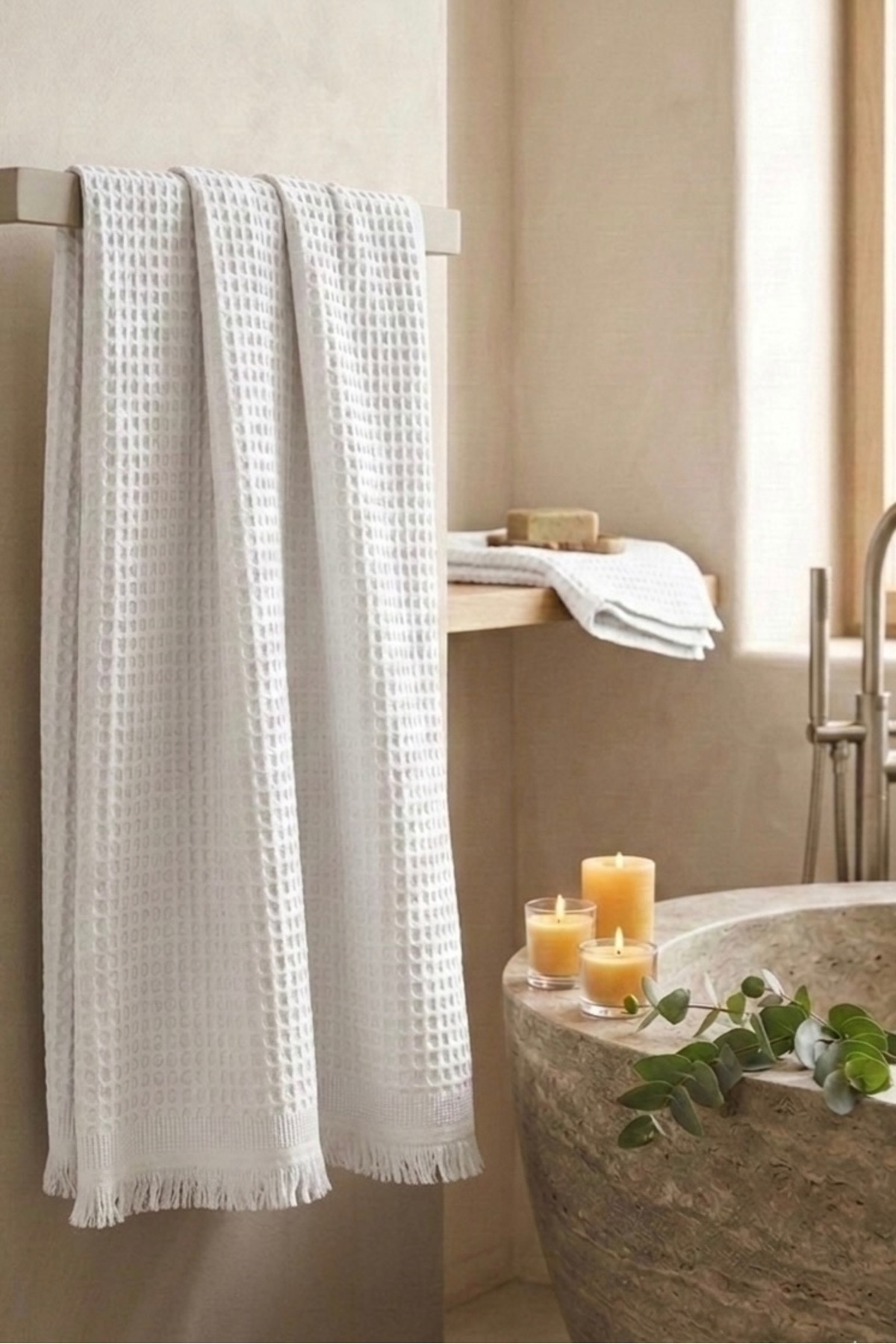 Nilteks %100 Pamuk Waffle Desenli Vücut Havlusu - Natural - 70x140 cm Banyo ve Plaj Havlusu Beyaz - Görsel 2