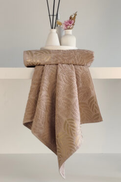 Sevim 2'li Jakarlı Yaprak Desenli %100 Pamuk El Yüz Havlusu-50x90cm-Kapuçino