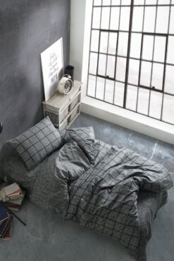 Casa Carina Ranforce Tek Kişilik Lastikli Çarşaflı Nevresim Takımı Kare Siyah