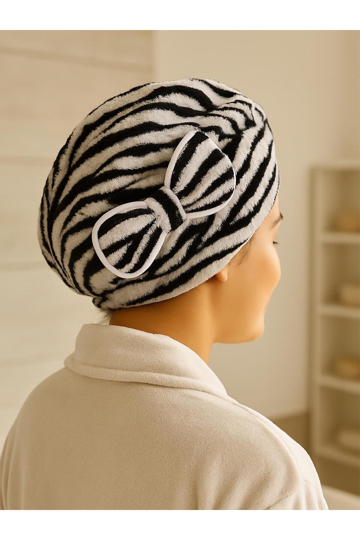 Ender Home Baskılı Fiyonklu Saç Kurulama Bonesi Lastikli Baş Kurutma Havlusu