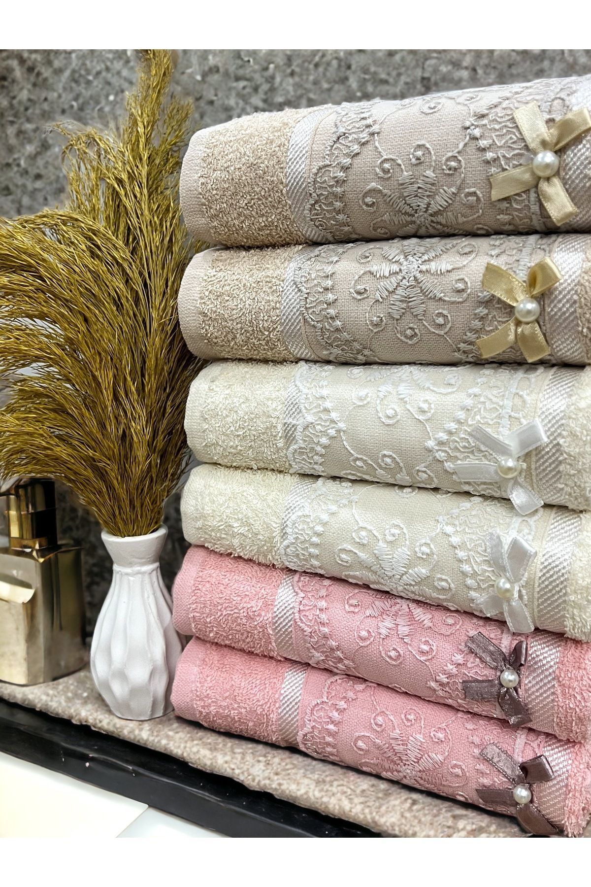 AYHANHOME 6 Adet %100 Pamuklu Güpürlü Fiyonklu Desenli 50x90 El Yüz Havlu Seti