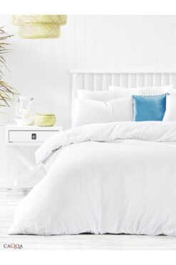 CAQQA Beyaz Çizgili Saten Çarşafı Lastikli Çift Kişilik Premium Otel Nevresim Takımı