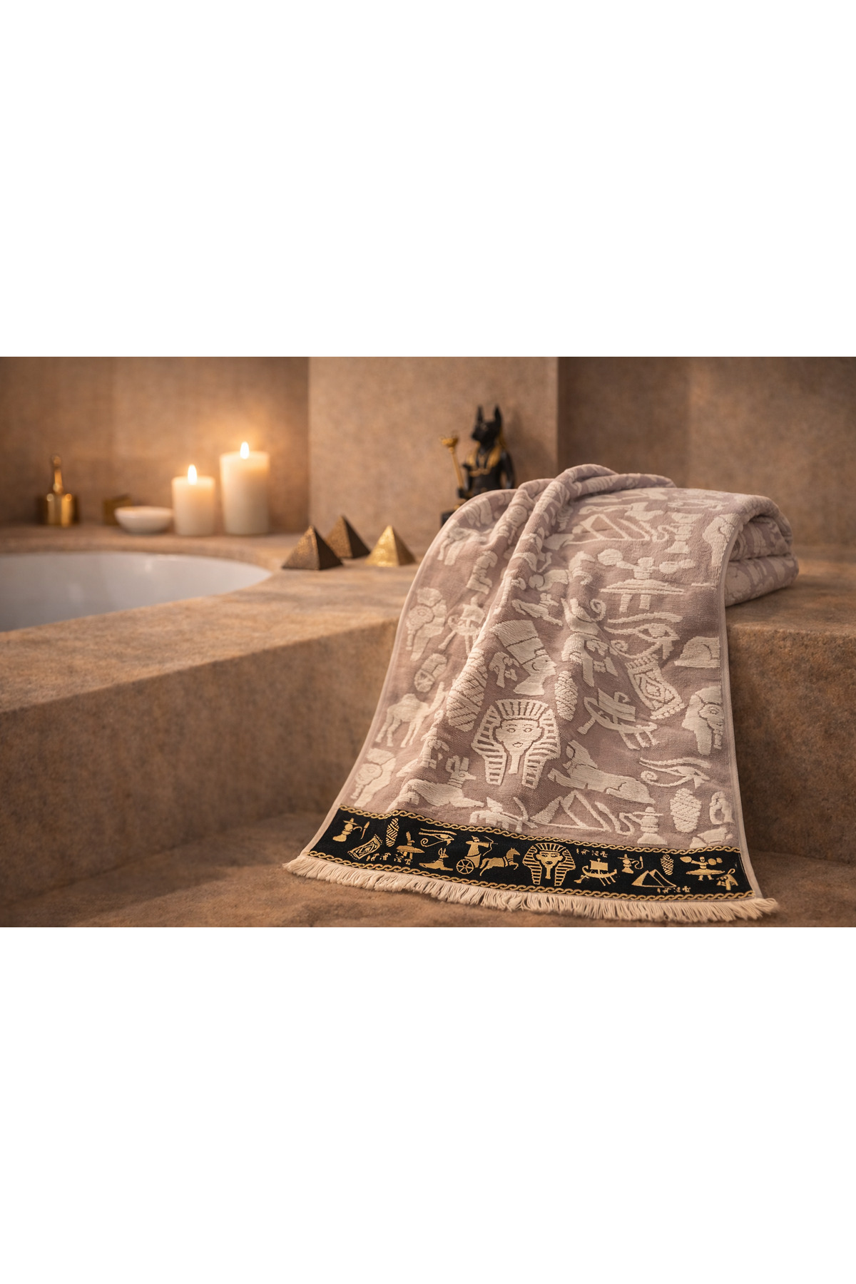 NAURA Concept 🏺 Antik Mısır Desenli %100 Pamuk El & Yüz Havlusu (50x90 cm) - Görsel 2