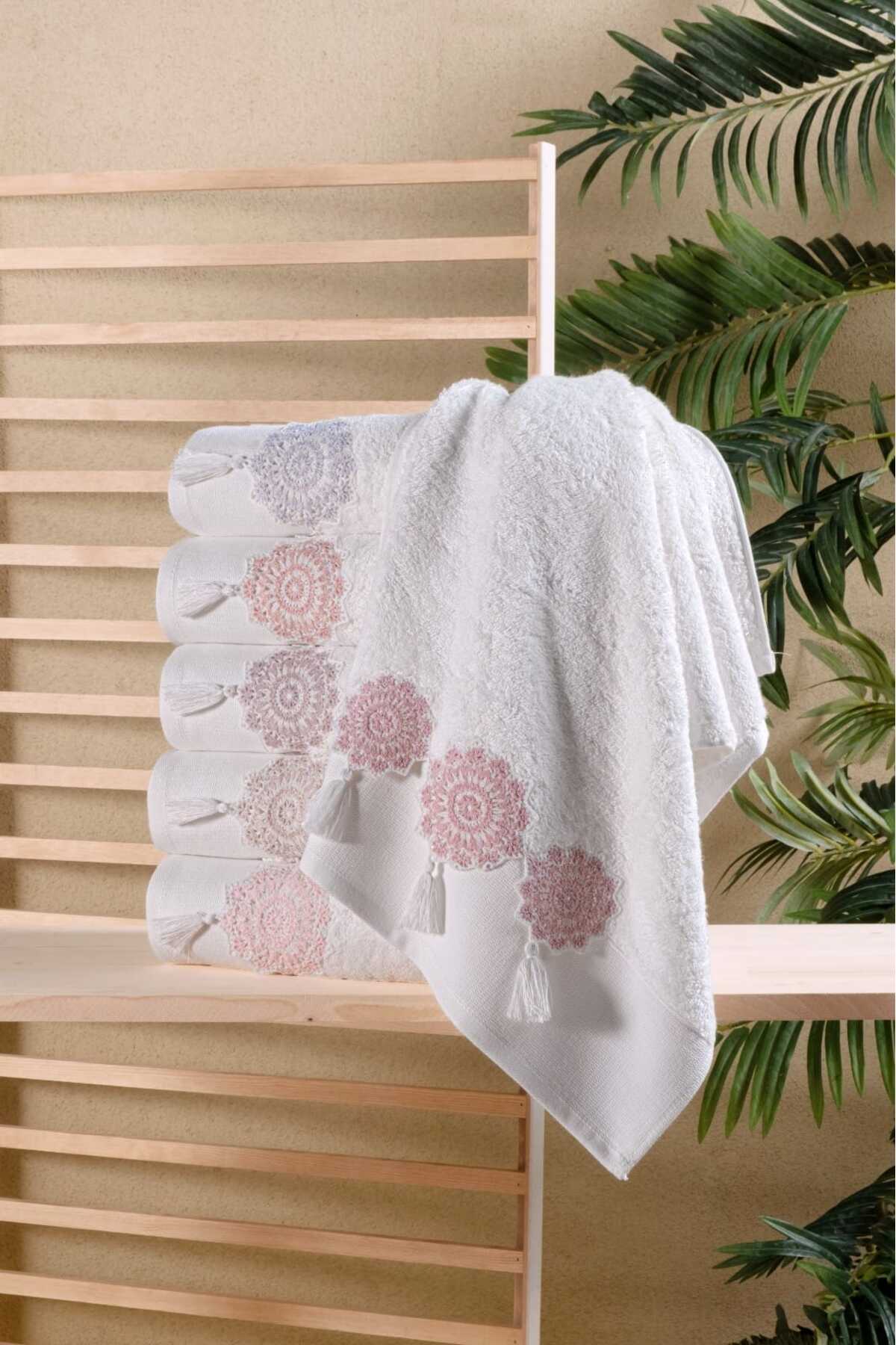 Fiesta Bambu 50x90 cm Dantelli Püsküllü 6 lı Pvc Çantalı El Yüz Havlusu