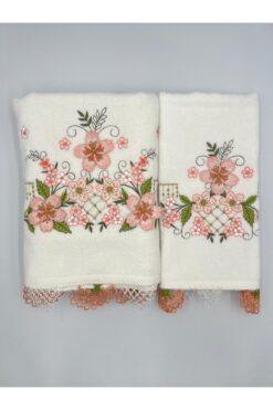 Şatilli Handmade İğne oyalı 3d Nakışlı kadife Analı-kızlı 50x90 yüz&30x50 mutfak havlu seti tül keseli turuncu